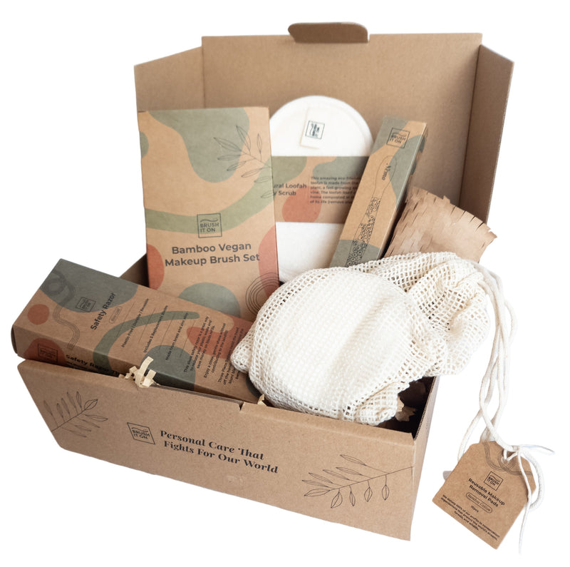 Sustainable beauty products bundled up into a cardboard box.
