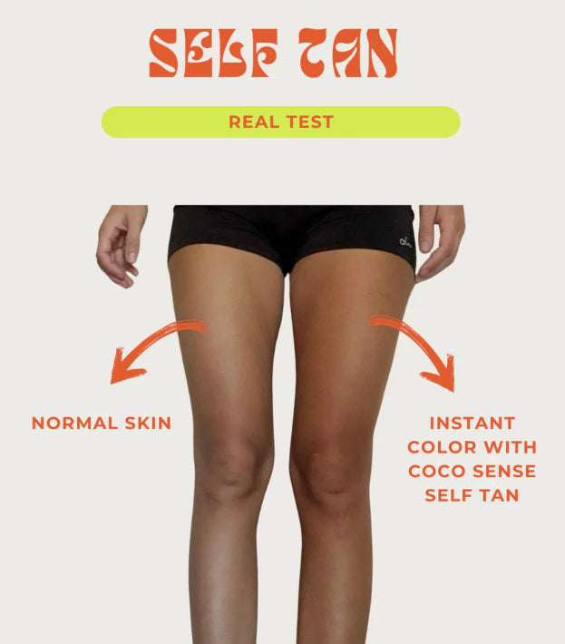 Comparison of normal skin and instant color with Coco Sense self-tan on a person's legs.
