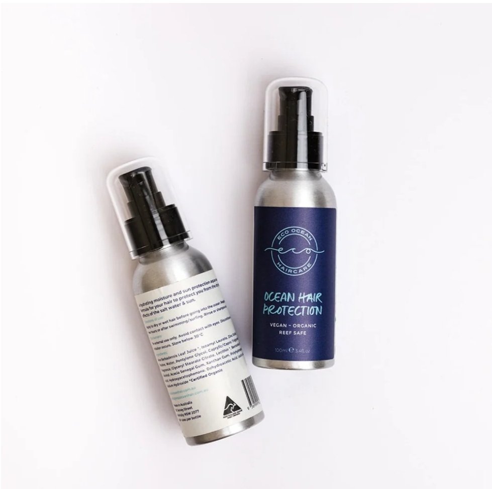 Two bottles of evercircle ocean hair protection on a white background. 