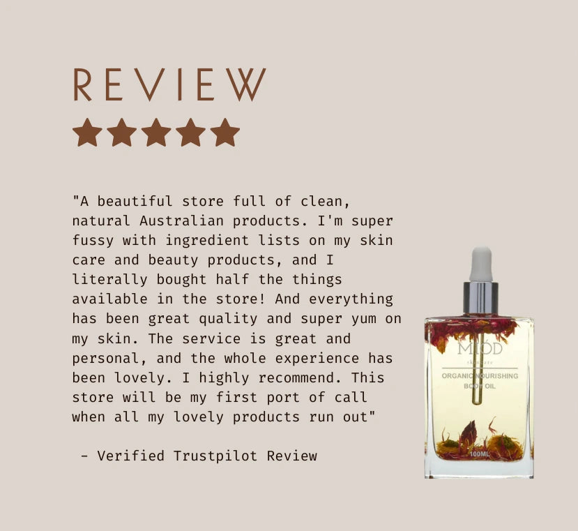 Product with dropper and verified Trustpilot review on a beige background