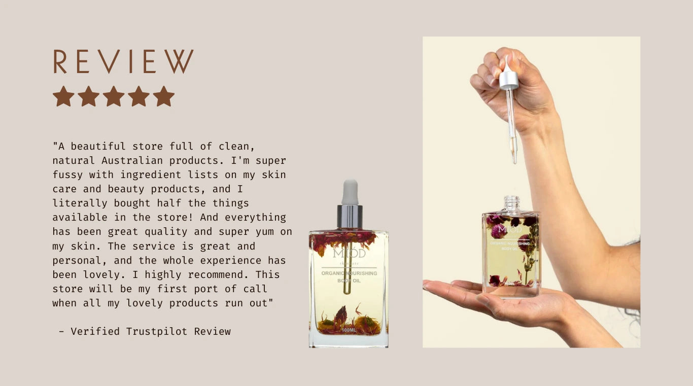 Product with dropper and verified Trustpilot review on a beige background