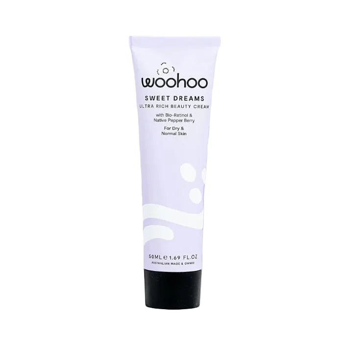 Tube of woohoo Sweet Dreams Ultra Rich Bio-retinol Cream on a white background.
