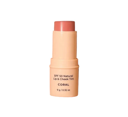 SPF 50 Natural Lip & Cheek Tint stick in Coral on a beige background