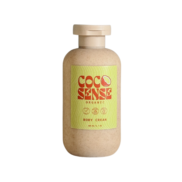 Coco Sense organic body cream bottle on a white background