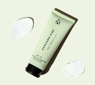 Avocado Zinc based sunscreen tube on a light green background